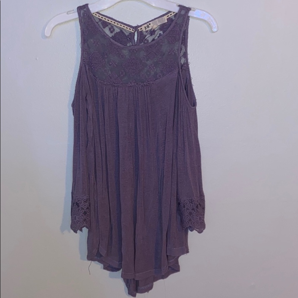 purple off the shoulder long sleeve shirt